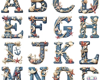 Nautical Alphabet Clipart: Marine-Themed Letters (Digital PNG)