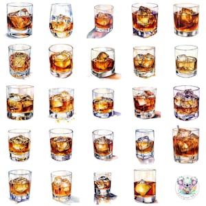 Aquarel bourbonglas clipart png, transparante whiskydrank kunst, realistische Bourbon on the Rocks voor bar, feest, menu en decor