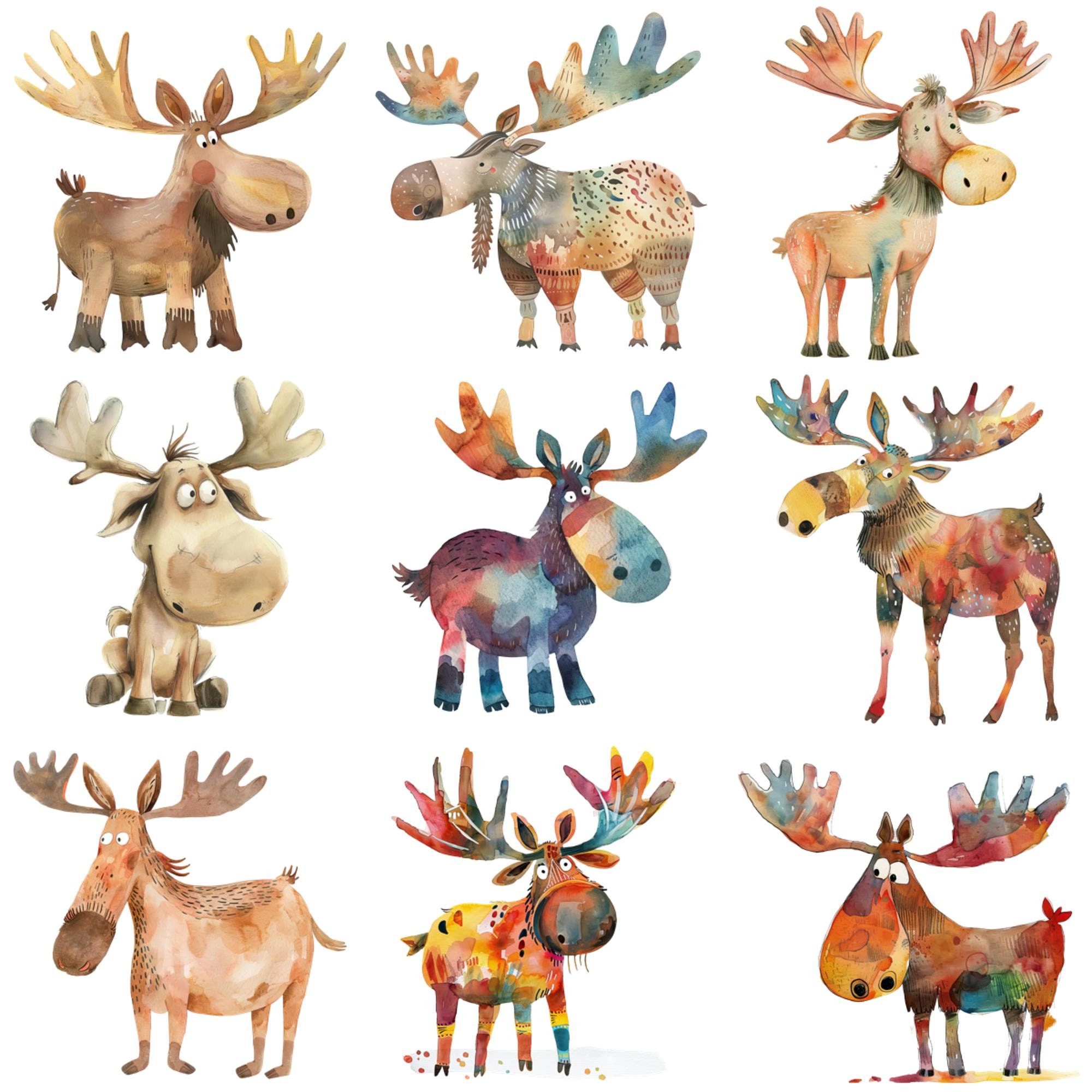 Watercolor Moose Clipart: Playful PNG Illustrations (300 DPI) - Etsy