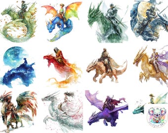 Jeździec smoka w akwareli Clipart: Fantasy Art PNG (projekty cyfrowe)