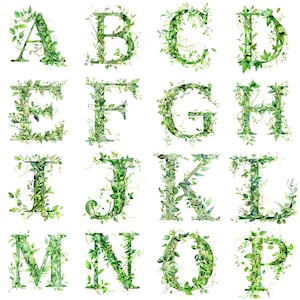 Conjunto de imágenes prediseñadas de alfabeto de letras verdes de acuarela, 26 letras de alta resolución de 300 DPI para manualidades, decoración e invitaciones