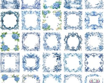 French Blue Watercolor Frame Cliparts: Vintage Floral Borders (Digital Designs)
