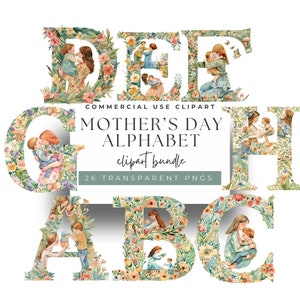 Blumen Umarmung Buchstaben - Aquarell Muttertag Clipart - 26 Mutter und Kind Alphabet PNGs, 300 DPI