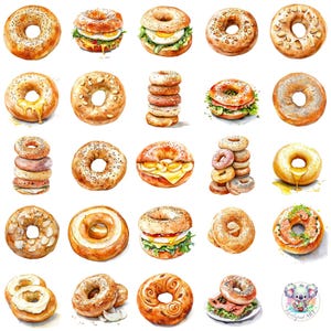 48 Delicious Bagel - Aquarell Clipart Illustrationen, um die Freude am Bagel zu feiern und einen Bagel-Tag mit Stil zu verbringen