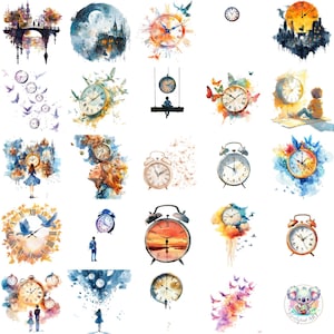 Pode incluir: Uma coleção de ilustrações de aquarela com relógios e peças de relojoaria em vários estilos. Alguns relógios são cercados por borboletas, enquanto outros estão sobre um fundo de cidade ou floresta. As ilustrações são pintadas em uma variedade de cores, incluindo azul, verde, vermelho e amarelo.