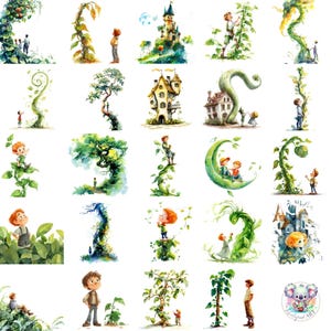 Aquarel Jack en de bonenstaak clipart png, transparante sprookjeskunst, verhalenboek jack, reus, kasteel en bonenstaak voor kinderen ambachten