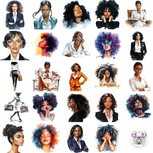 Watercolor Black Girl Boss Clipart: African American Business Woman PNG Illustrations