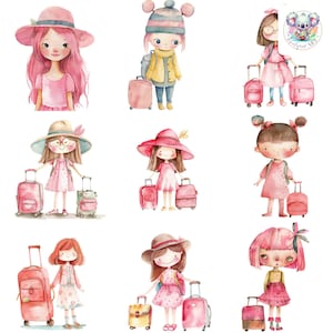Acuarela Travel Girls Clipart PNGs: 24 ilustraciones de viajes femeninas rosas de alta resolución de 300 DPI para manualidades, invitaciones y decoración
