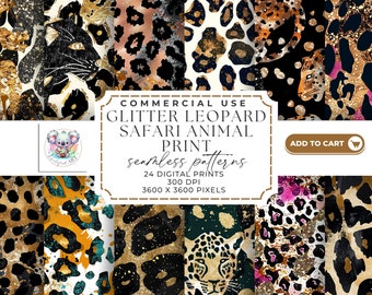 Glitter Leopard Safari Animal Print Digital Paper Set - 24 Seamless Patterns | 300 DPI | 12 X 12 Inches | Commercial Use