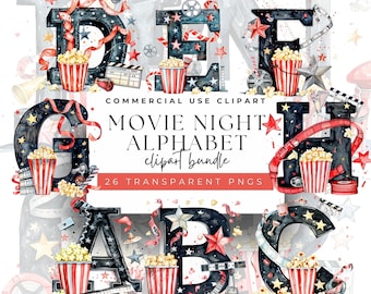 Watercolor Movie Night Alphabet Clipart: 26 PNG Film Letters (300 DPI)