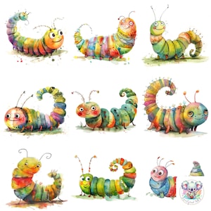 Wackelige Wunder: Komplettes Set mit 28 schrulligen Raupen Cliparts PNGs | 300 DPI Standalone Bilder für bezaubernde von der Natur inspirierte Projekte