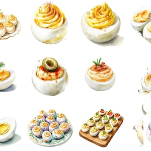 Huevo relleno de acuarela Clipart PNG: 48 ilustraciones extravagantes y realistas para diseños culinarios, menús y manualidades para el Día Nacional del Huevo Relleno