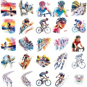 40 aquarel wegwielrennen clipart png, transparante wielrenner kunst, dynamische racescènes en sportieve ontwerpen voor knutselen, branding, uitnodigingen