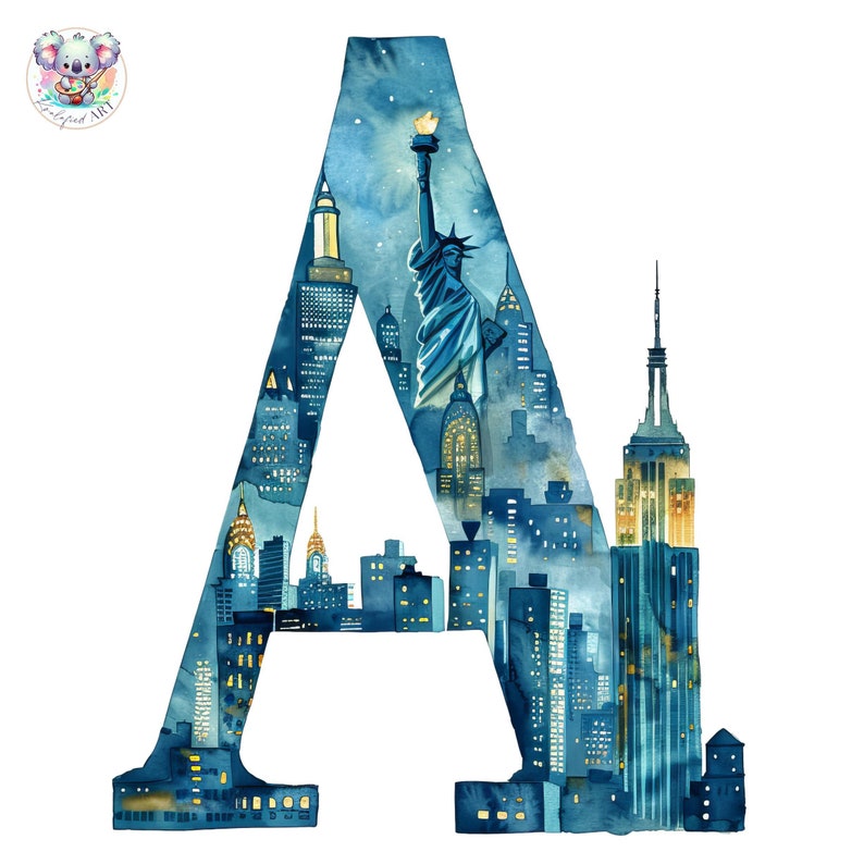 Watercolor NYC Skyline Alphabet Clipart: High-resolution Cityscape ...