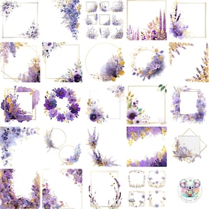 Lavendel und Gold Blumenrahmen Clipart PNG, 46 Aquarell Blumenrahmen und Geometrische Rahmen, Elegantes Hochzeits- und Handwerksdesign
