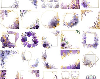 May include: A collection of watercolor floral designs in shades of purple, lavender, and gold. The designs include frames, wreaths, and individual floral elements, perfect for digital art projects. The artwork features various flower types and arrangements.
