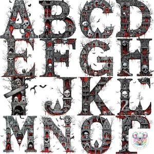 Clipart de alfabeto de filme de terror de Halloween - 26 letras assustadoras de A a Z com casas mal-assombradas e caveiras - perfeito para designs assustadores