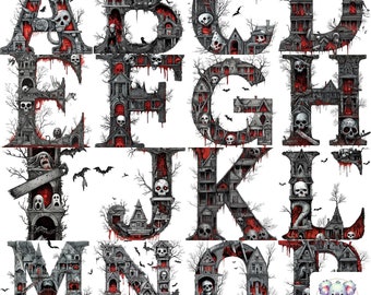 Halloween Horror Movie Alphabet Clipart: Haunted Skulls (PNG Digital Download)