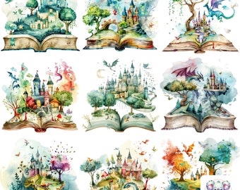 Watercolor Fairytale Book Clipart: Magical Illustrations (PNG, 300 DPI)