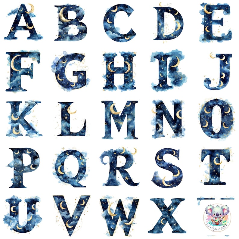 Celestial Wedding Alphabet Clipart PNG: Moon & Stars Galaxy Letter Art ...