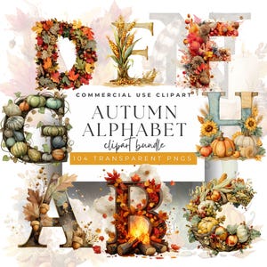 Puede incluir: Un paquete de imágenes prediseñadas digitales con un alfabeto de otoño. Cada letra está decorada con elementos otoñales como hojas, calabazas y bellotas. Las letras están en varios estilos, con un efecto de acuarela. Las palabras "Autumn Alphabet" también son visibles.
