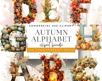 Pacote de clipart de alfabeto de outono: designs de outono em aquarela (download digital em PNG)