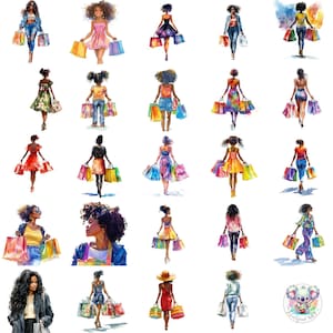 Watercolor Black Girl Shopping Clipart PNG, 40 Standalone African American Fashionista Illustrations for Crafts, Planners and Decor