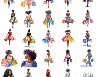 Clipart aquarel zwart meisje winkelen: fashionista png-illustraties (digitale download