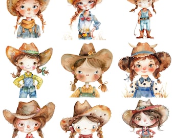 May include: Nine watercolor illustrations of girls wearing cowboy hats and outfits. Each girl has a different outfit and hat style. The girls are all smiling and looking at the viewer.