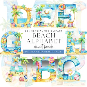 Tipografía tropical - Alfabeto playero en acuarela - 26 PNG con temática paradisíaca, 300 DPI para manualidades de verano