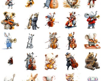 May include: Watercolor illustrations of various animals playing musical instruments. The animals include rabbits, cats, koalas, mice, squirrels, a giraffe, a fox, an elephant, and a bear. Each animal is depicted with detailed watercolor techniques and vibrant colors.