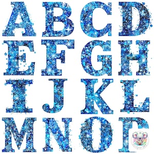 Alfabeto con letras brillantes de color azul PNG: 26 imágenes transparentes deslumbrantes de 300 DPI para invitaciones creativas y decoración de fiestas
