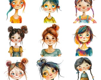 Watercolor Quirky Girls Clipart: 24 PNG Illustrations (300 DPI)