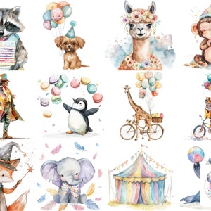 Watercolor Circus Clipart PNGs - 30 High-Resolution 300 DPI Circus-Themed Illustrations for Invitations, Scrapbooking, and Decor