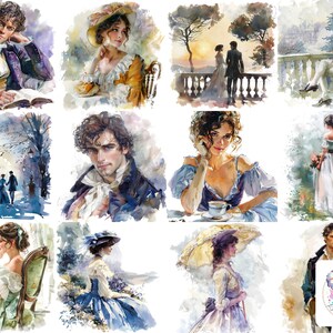 Aquarela Regency Era Cliparts PNGs: 40 ilustrações românticas de alta resolução 300 DPI para artesanato e decoração