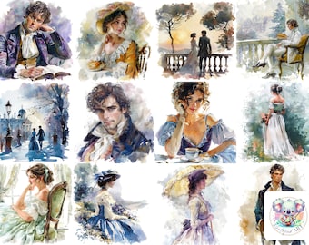 Watercolor Regency Cliparts: 40 Romantic Illustrations (PNG Digital Download)