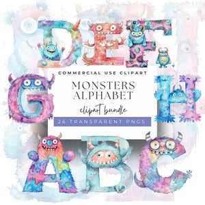 Wunderliche Aquarell niedliche Monster Buchstabe Alphabet Clipart - 26 phantasievolle Buchstaben für Scrapbooking und Party-Themen, hochauflösende Dateien
