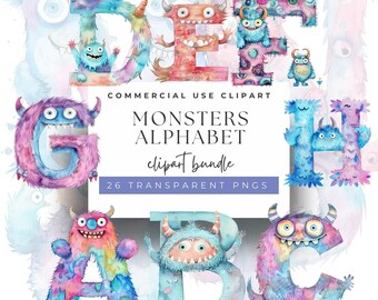 Aquarell Monster Alphabet Clipart: 26 Buchstaben PNGs (Digitaler Download)