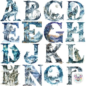 Cliparts de letras del alfabeto de lobo en acuarela PNG: 26 diseños de letras místicas de alta resolución de 300 DPI para manualidades, invitaciones e inspiración en la naturaleza