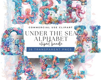 Aquatic ABCs - Watercolor Under the Sea Letter Alphabet Clipart, 300 DPI for Underwater-themed scrapbook pages