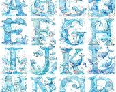 Watercolor Whale Alphabet Clipart: 26 PNG Images (300 DPI)