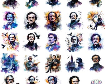 Watercolor Edgar Allan Poe Clipart: Gothic Raven Art (PNG)