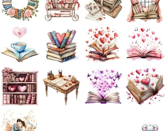 Valentine Bookish Clipart: Romantic Book Lover Illustrations (Digital Download)