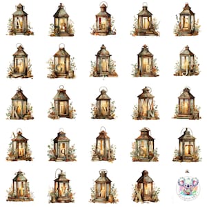 May include: Watercolor illustrations of vintage lanterns, each featuring a different letter of the alphabet. The lanterns are adorned with floral arrangements and lit candles, creating a warm, inviting glow. The style is rustic and charming.