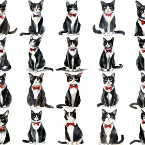 Clipart charmant chat aquarelle sur smoking PNG : 20 chats élégants haute résolution 300 ppp avec noeuds papillon rouges pour des designs créatifs et élégants