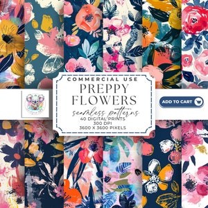 Vibrant Preppy Flowers Seamless Pattern Digital Paper - 40 Prints, 300 DPI