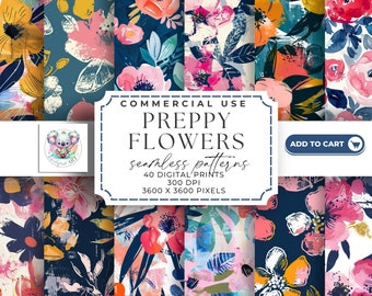 Vibrant Preppy Flowers Seamless Pattern Digital Paper - 40 Prints, 300 DPI