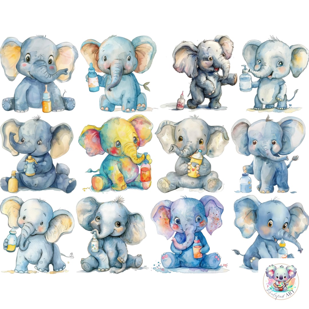 Watercolor Baby Elephant Clipart: 34 PNG Images (digital Download) - Etsy