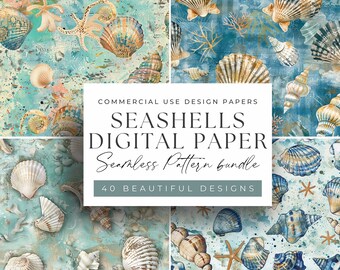 Ocean Harmony - Exquisite Seashells Seamless Pattern Digital Paper Collection, 40 Detailed 300 DPI JPEGs
