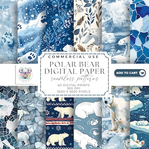 Arctic Elegance Polar Bear Seamless Pattern Digital Papers - 40 wysokiej rozdzielczości JPEG, 300 DPI do pakowania i pakowania prezentów świątecznych